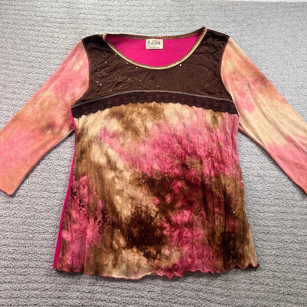 Edista Mixed Media Tie Dye Top Pink Brown Large Y2K Boho Eclectic USA made Vtg